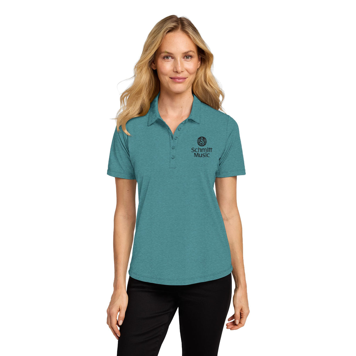Embroidered Schmitt Music Logo on Ladies Fine Pique Blend Polo