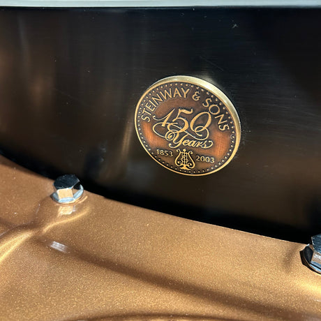 Close-up of a round bronze-colored metal emblem on a dark metallic surface, featuring the text 'Steinway & Sons 150 Years 1853-2003' and a small crest below.