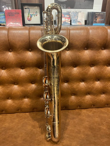 Consignment 1971 Selmer Mark VI Low A Baritone Saxophone - standing up on a couch, bell forward