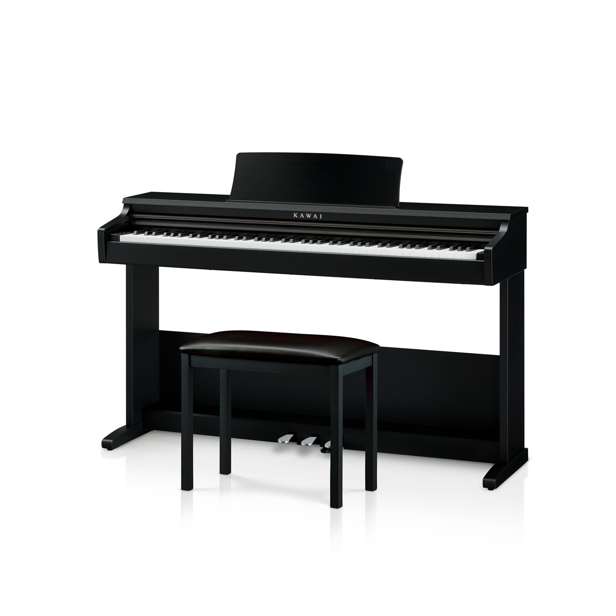 Black Kawai digital piano with bench on a white background
