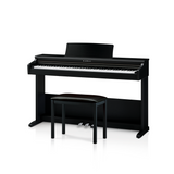 Black Kawai digital piano with bench on a white background