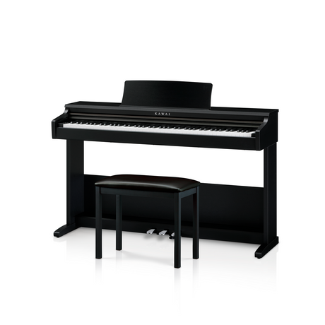 Black Kawai digital piano with bench on a white background