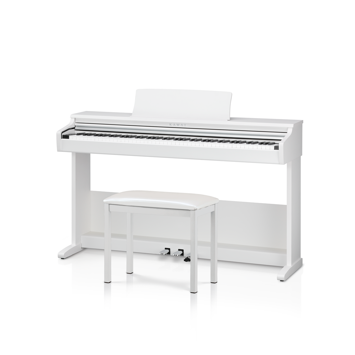 White Kawai digital piano with matching bench on a white background