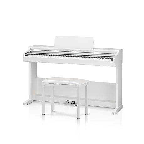 White Kawai digital piano with matching bench on a white background