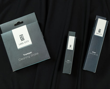 The Lake City trumpet bundle. Includes a cleaning snake, a mouthpiece brush, and a valve brush. 