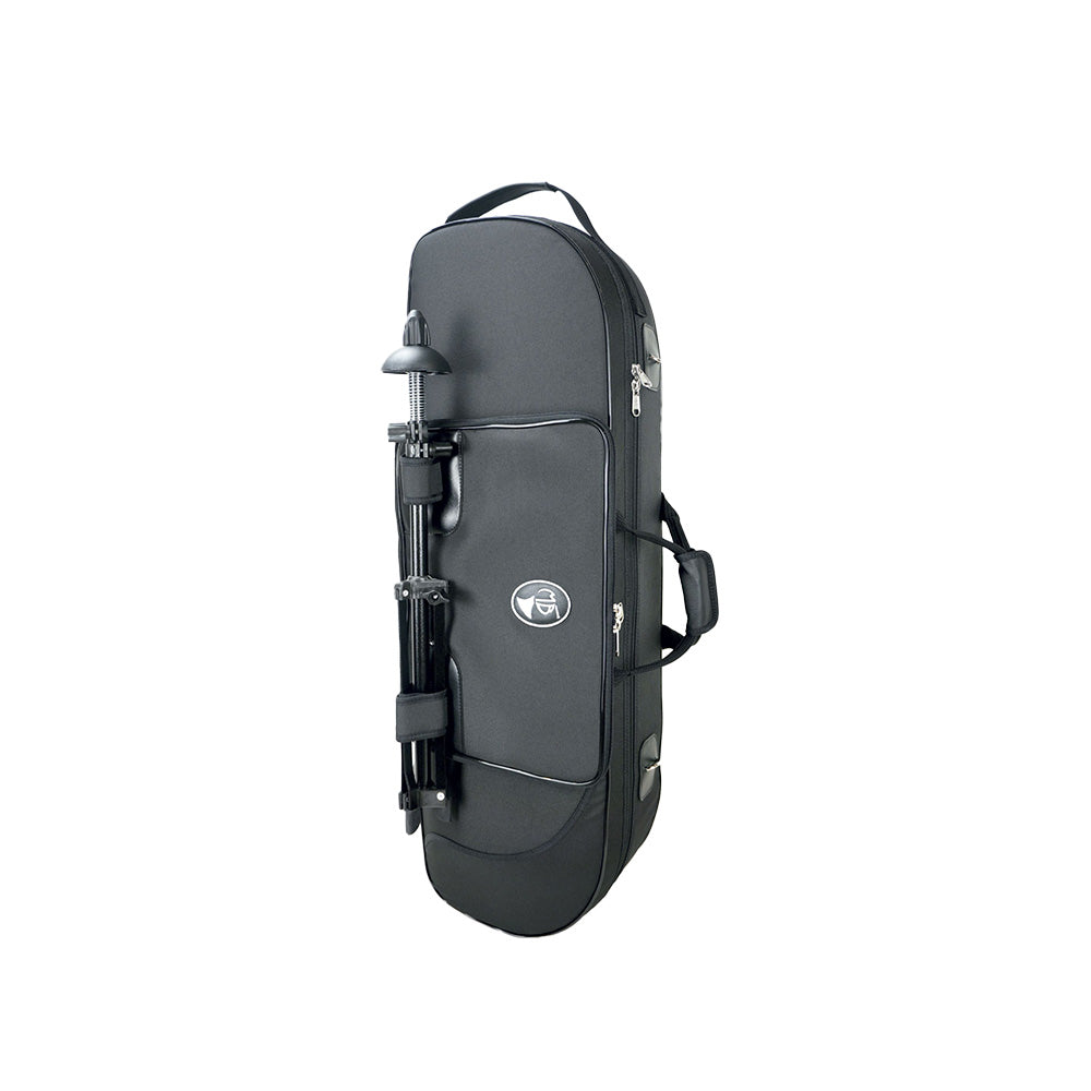 Compact Marcus Bonna Tenor Trombone Case - with a trombone stand held in by the case's straps
