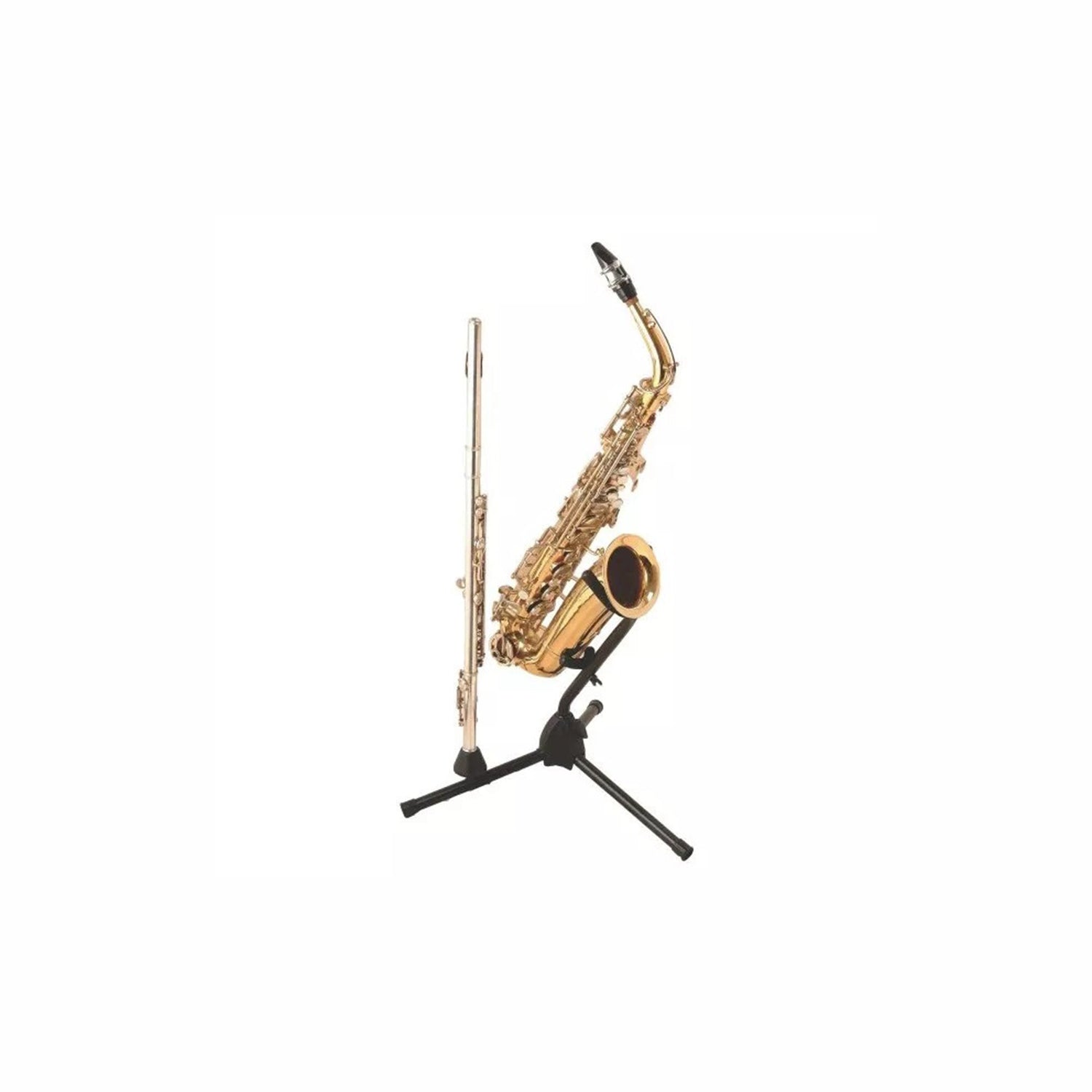 On-Stage SXS7101B Alto/Tenor Saxophone Stand with Flute Peg - with Saxophone and Flute on it