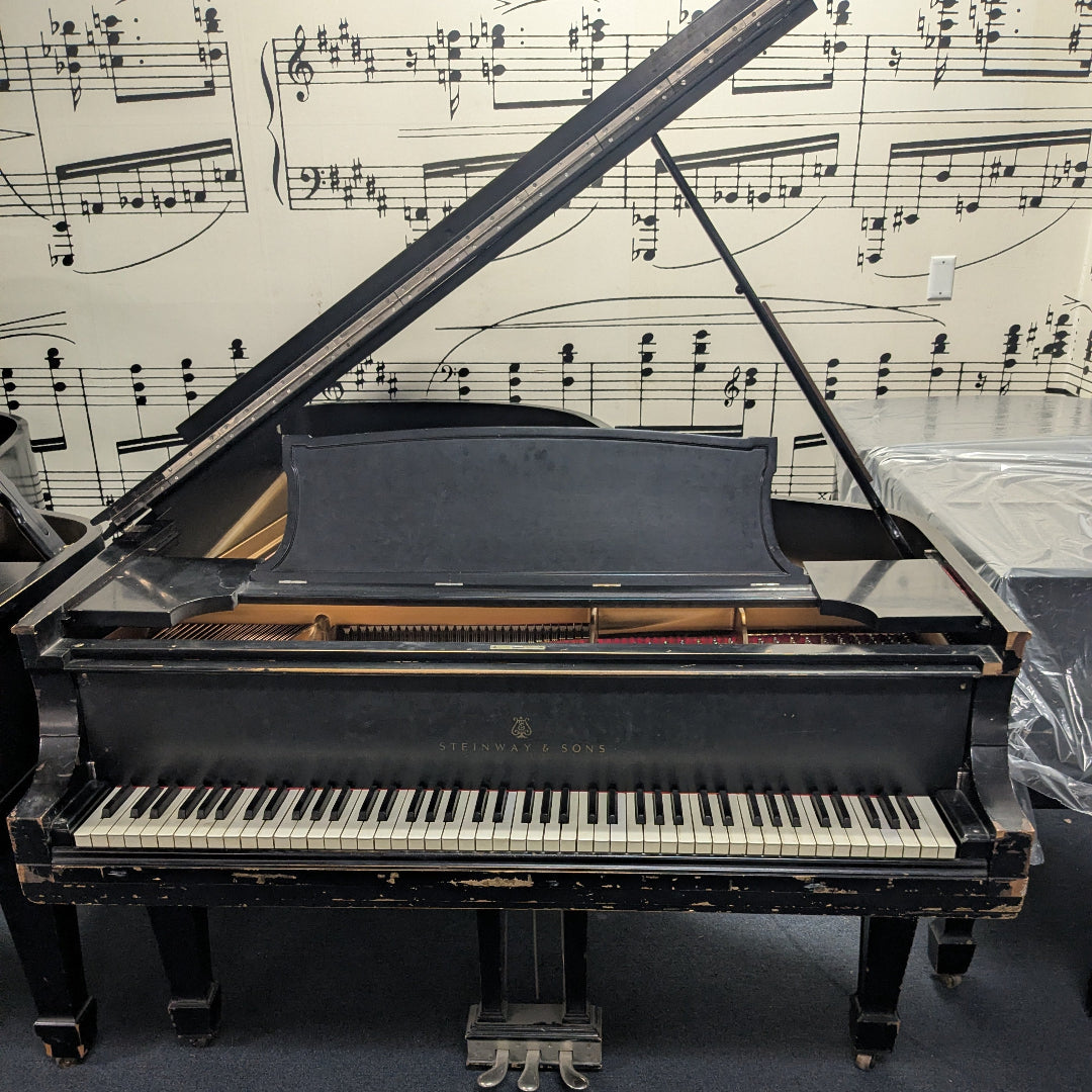 Black grand piano with music notes wallpaper in the background