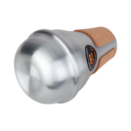 Protec Tenor Trombone Mute ML204 - Compact Practice (Aluminum) - laying on its side, a view of the bottom portion 