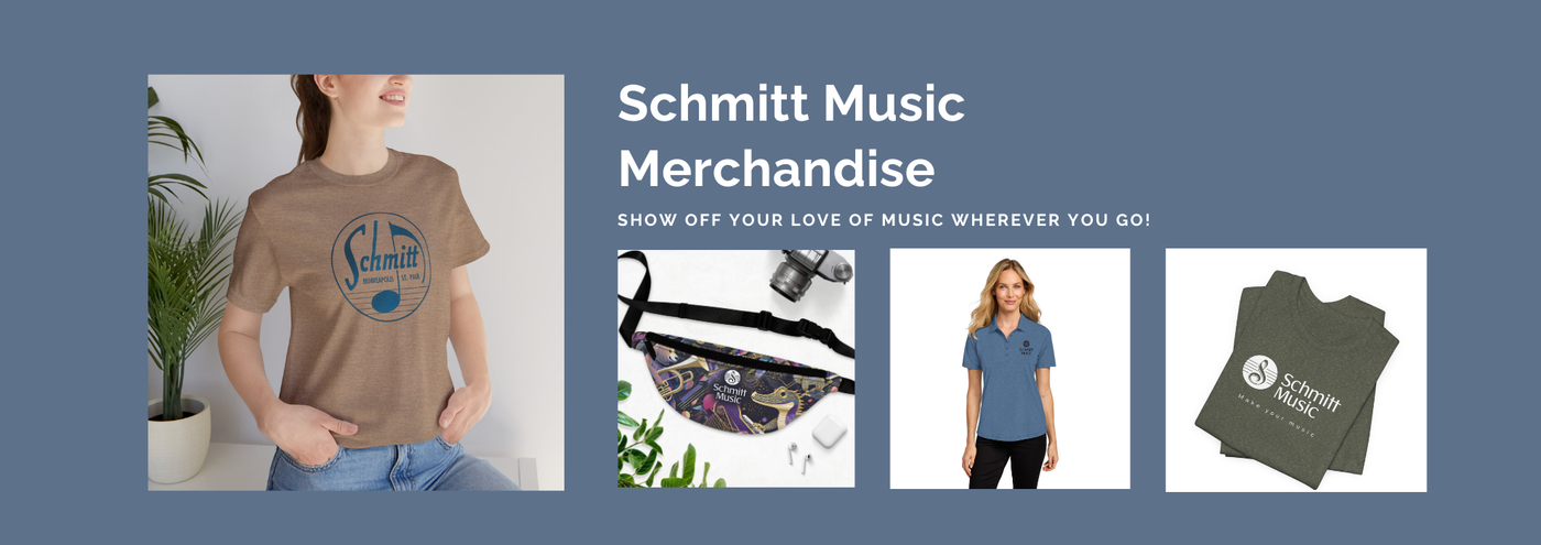 Schmitt Music merchandise featuring logo shirts and a fanny pack with a colorful animal and instrument pattern.