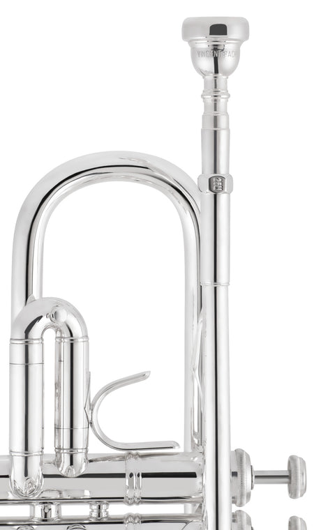 Bach Stradivarius C190L229 C Trumpet Silver Plated - close up of the mouthpiece receiver with a mouthpiece in it