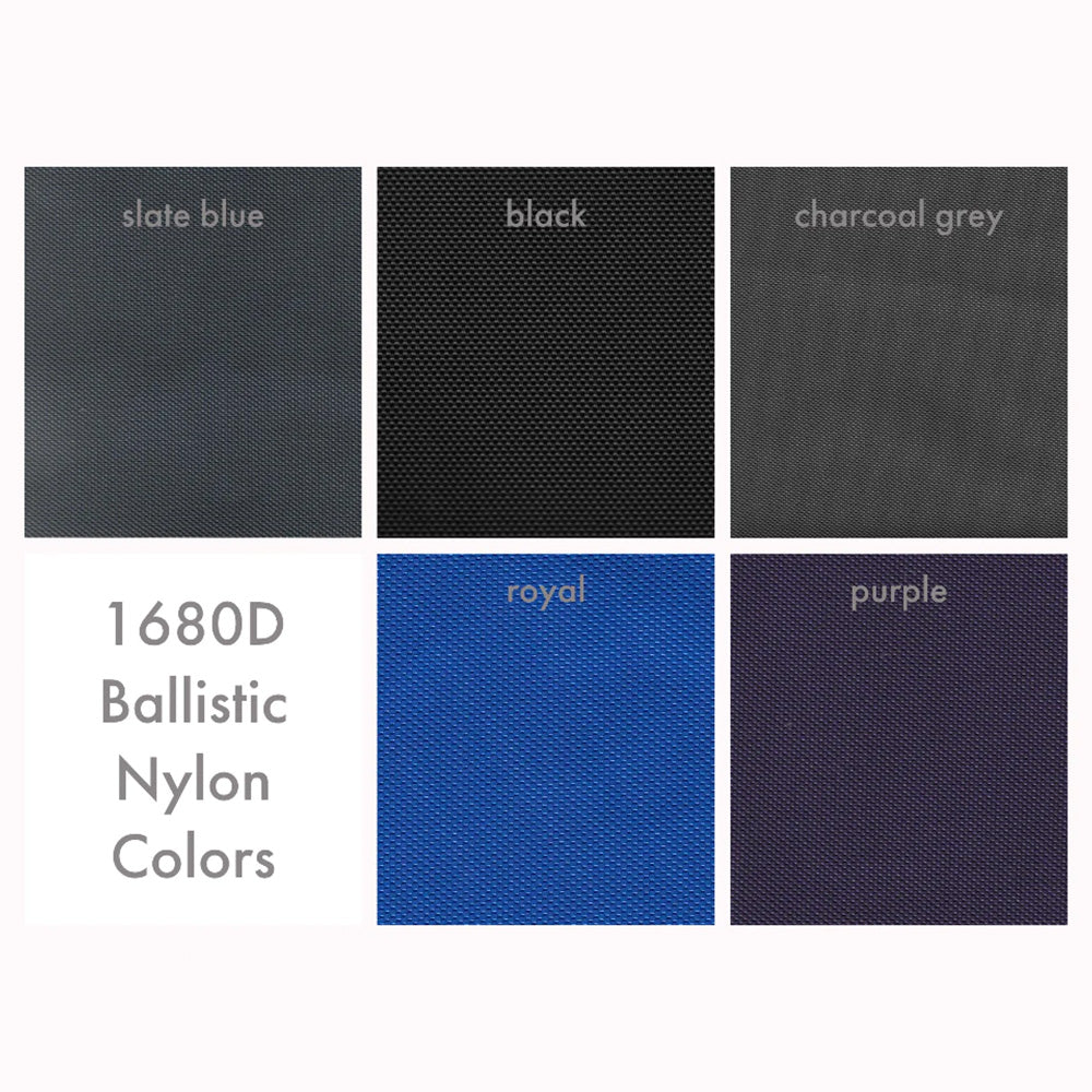 The Cresendo Exterior Ballistic Nylon color swatches - Slate Blue, Black, Charcoal Grey, Royal, and Purple