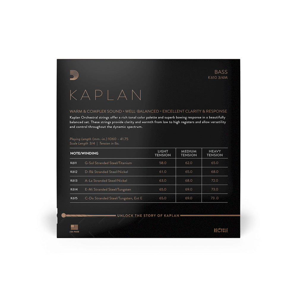 D'Addario Kaplan String Bass 3/4 Medium String Set Back