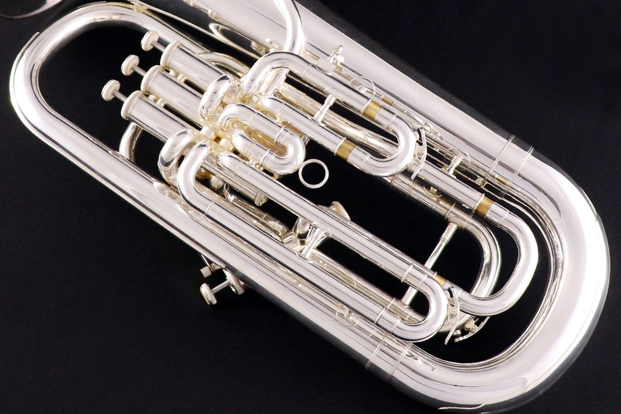 Eastman EEP526S Euphonium - Silver Plated - alternate view of tuning slides, valves, and valve casings against a black drop