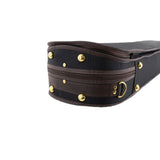 The Lake City Oblong full-size violin case the gold colored protective buttons on the bottom exterior 