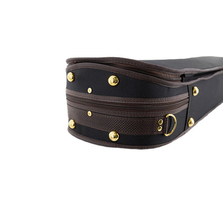 The Lake City Oblong full-size violin case the gold colored protective buttons on the bottom exterior 