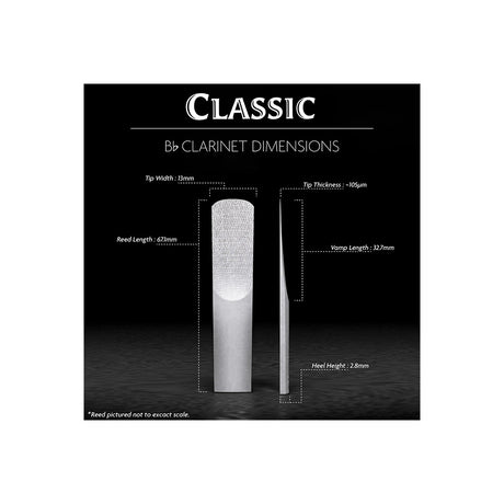 A diagram of the Legere Classic Cut Bb clarinet reed with it dimensions indicated