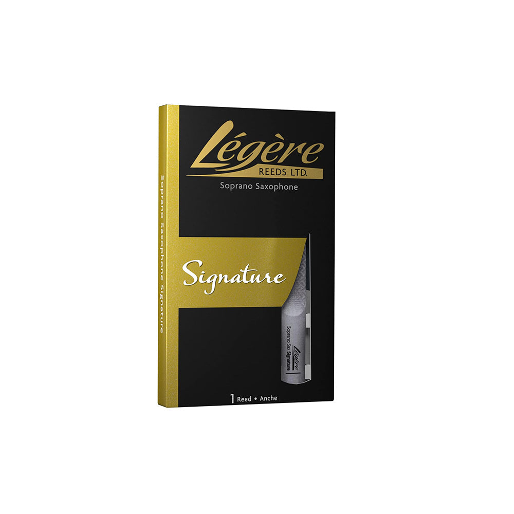 A Legere Signature soprano saxophone reed in its packaging and one in its carrying case