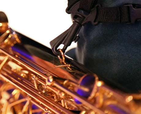 Neotech Saxophone Soft Harness Swivel hook hooked up to a saxophone