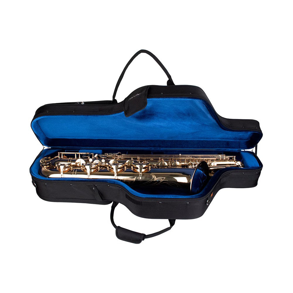The Protec Propac PB311CT baritone saxophone case sitting open with a saxophone in it
