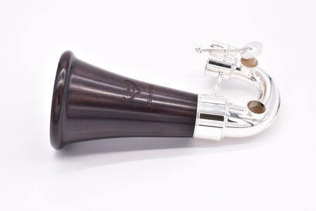 Royal Global Firebird Low C Bass Clarinet - close up of the bell on its side with insignia showing