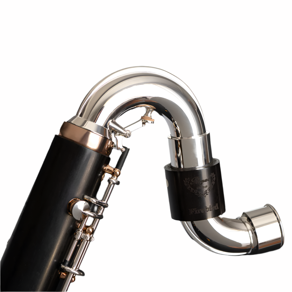 Close-up of a Fire bird Low C Bass clarinet with a black and silver design on a black background