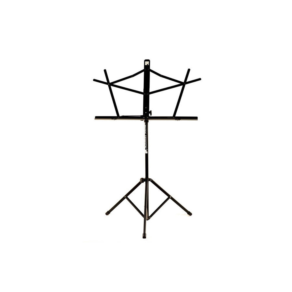 Black Schmitt Music folding music stand standing upright with its facing support flared open