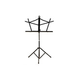 Black Schmitt Music folding music stand standing upright with its facing support flared open