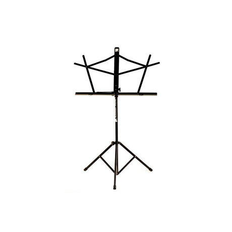 Black Schmitt Music folding music stand standing upright with its facing support flared open