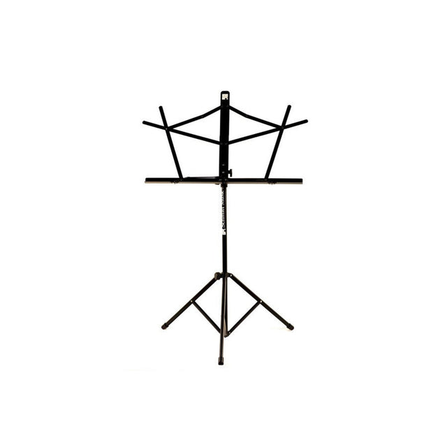 Black Schmitt Music folding music stand standing upright with its facing support flared open