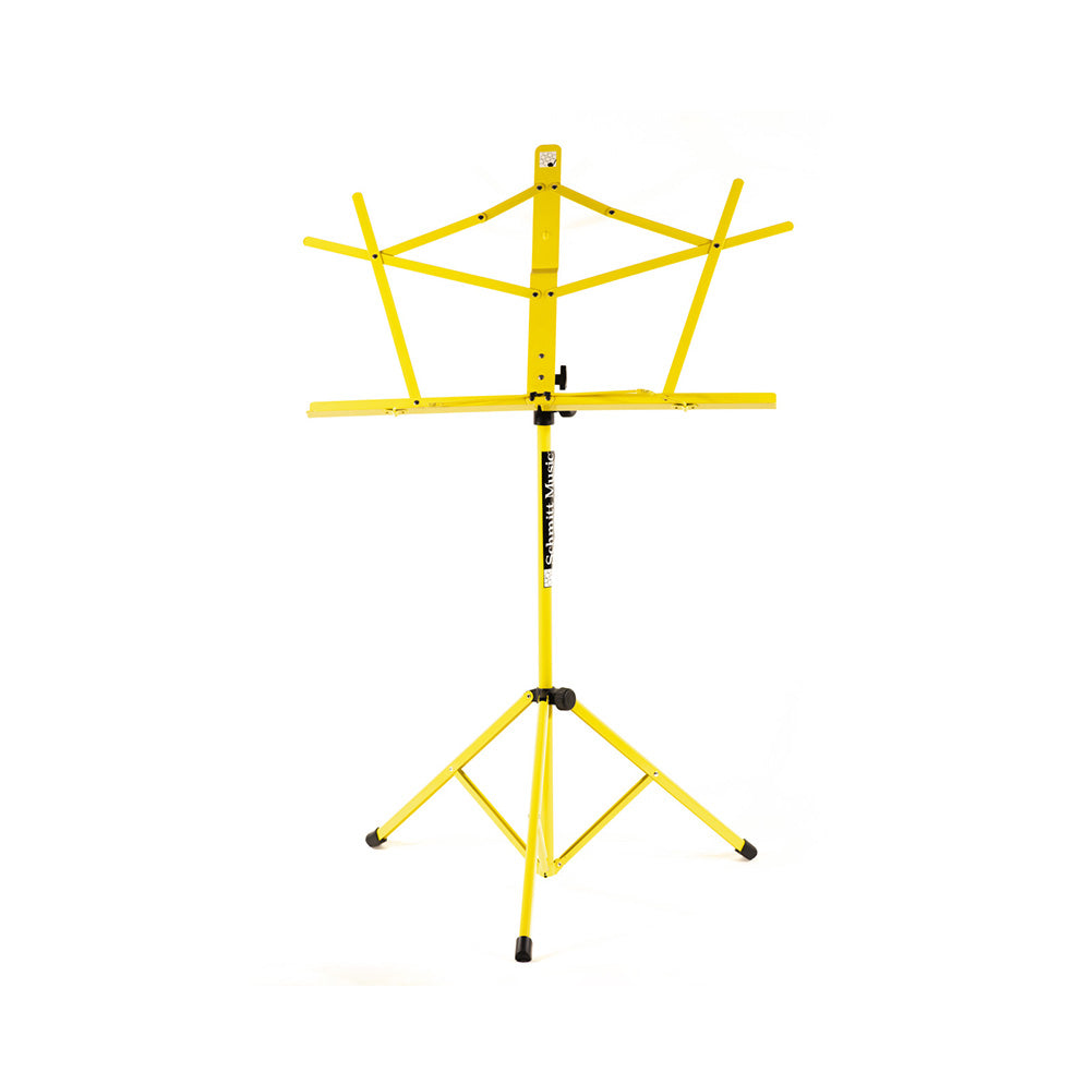 Yellow Schmitt Music folding music stand standing upright with its facing support flared open