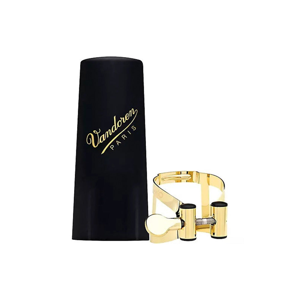 The gold plated Vandoren LC58DP MO tenor saxophone ligature and the plastic mouthpiece cap