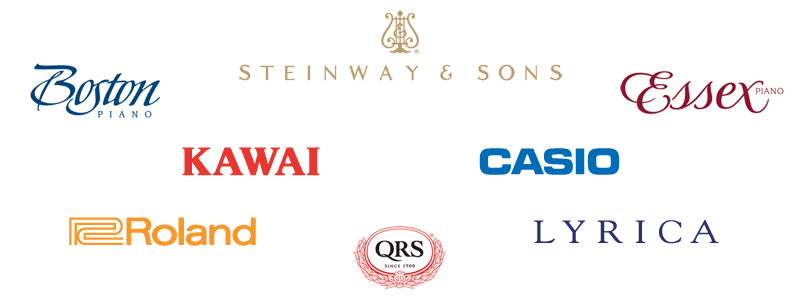 Steinway & Sons, Boston, Essex, Lyrica, Kawai, Casio, Roland, QRS
