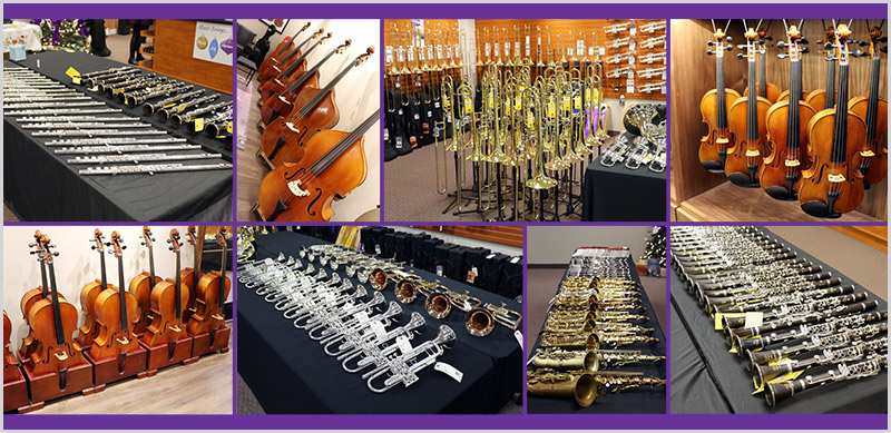 Band and Orchestra Selection Event: expanded selection of saxophones, trumpets, trombones, flutes, clarients, violins, cellos, viola and more.